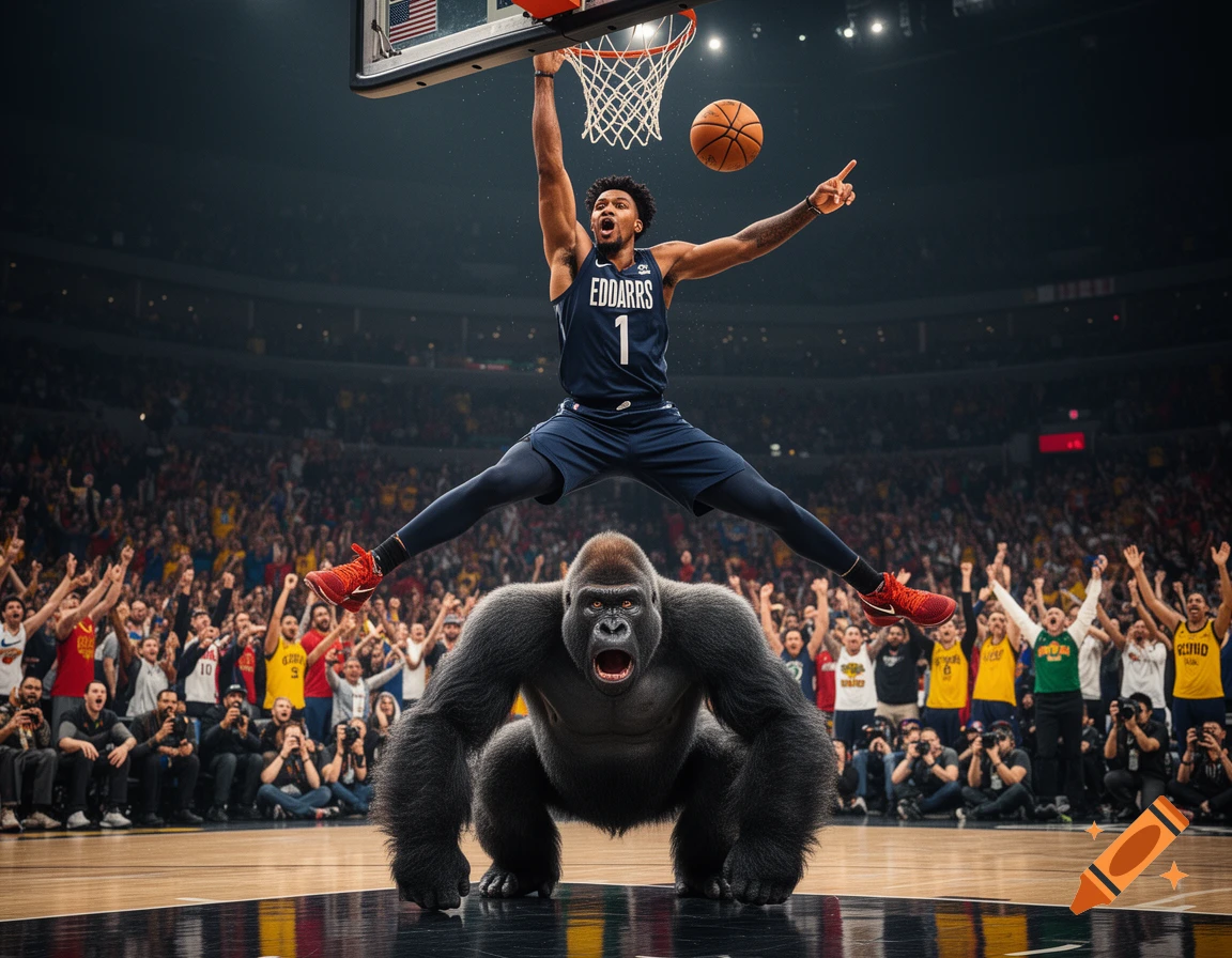 A photorealistic image of a basketball player dunking over a gorilla in a crowded arena.