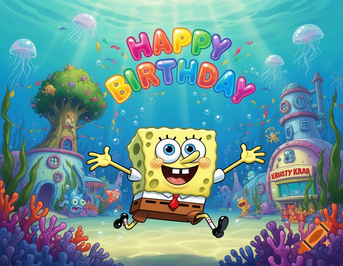 Spongebob Squarepants celebrates his birthday underwater in Bikini Bottom, with 'HAPPY BIRTHDAY' text above him in a vibrant cartoon style.
