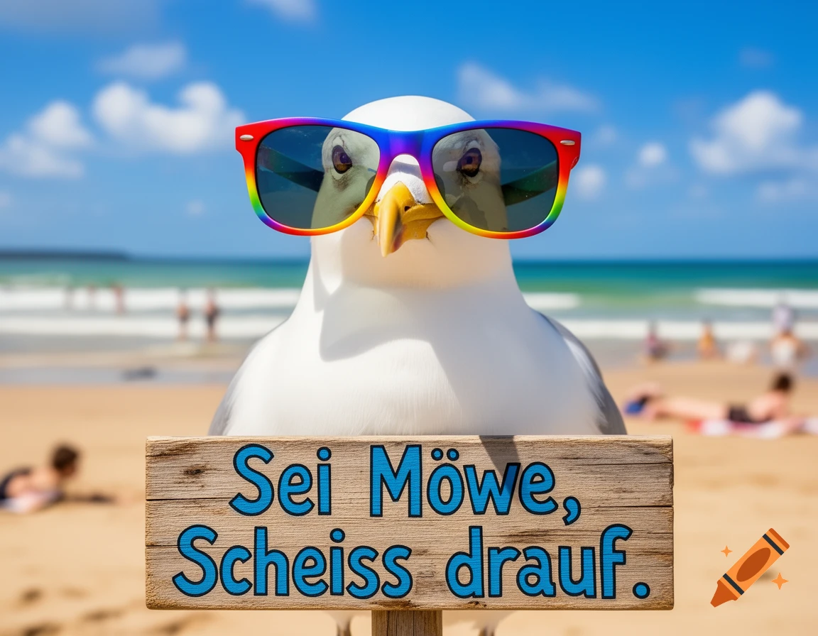 Photorealistic close-up of a seagull wearing rainbow sunglasses and holding a sign saying 'Sei M we, Scheiss drauf.' on a sunny beach.