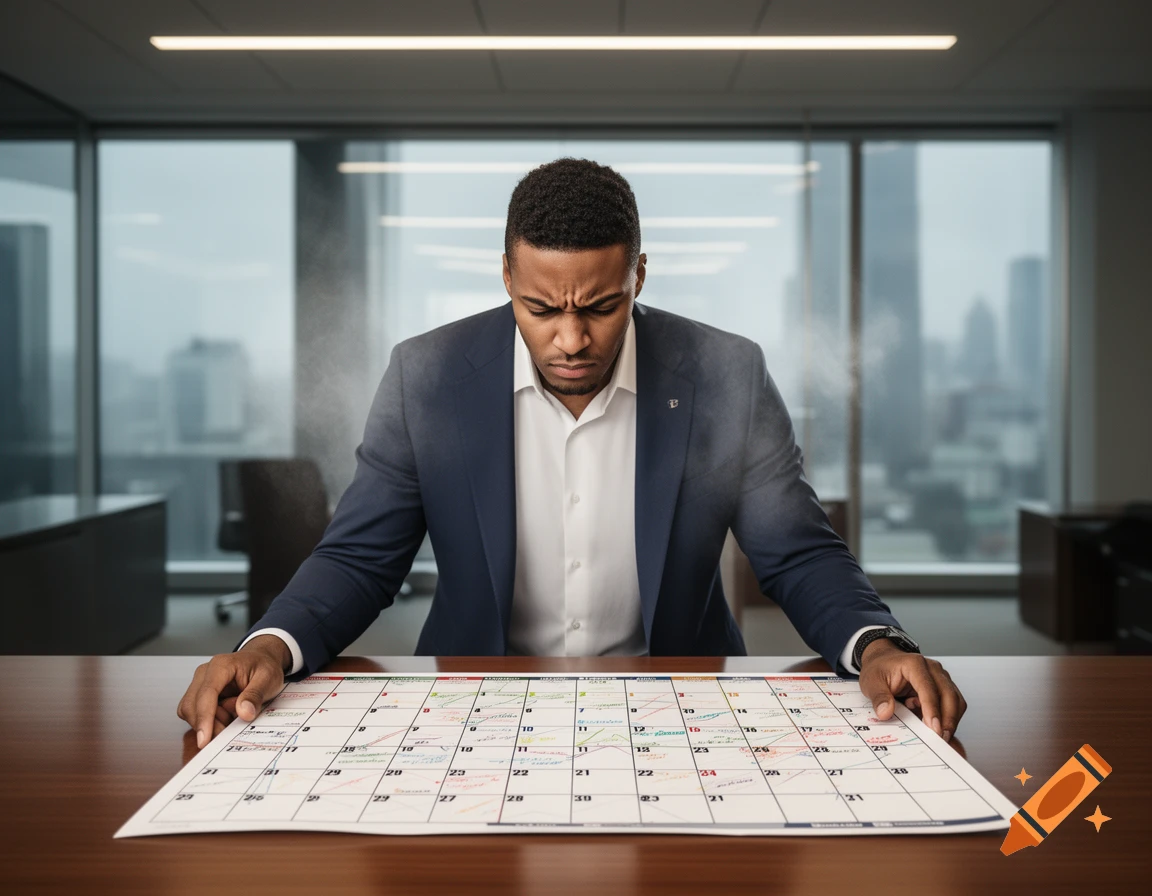 A man in a suit with a frustrated expression stares at a large calendar on a desk, with subtle vapor around him.
