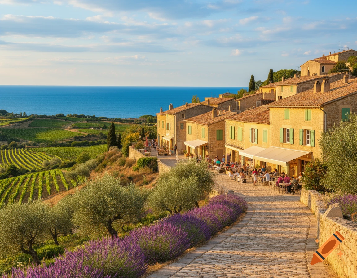 A picturesque Provençal village with terracotta roofs and green shutters overlooks the Mediterranean Sea, with vineyards and lavender fields below.
