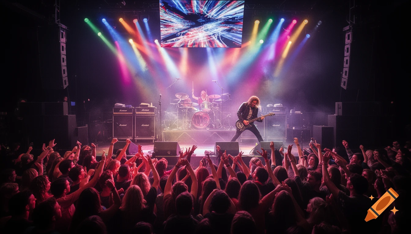 A live rock concert with musicians on stage under colorful spotlights and a cheering crowd in the foreground.