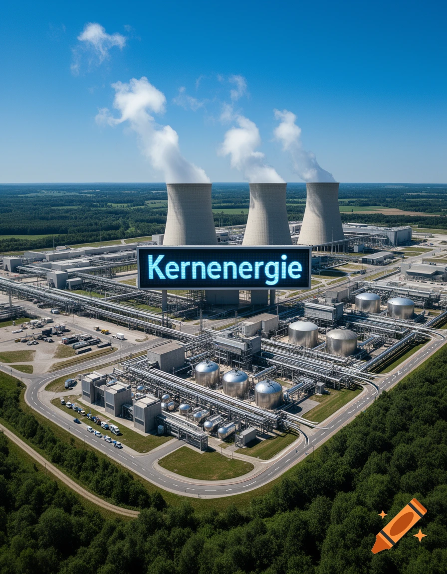 Aerial view of a nuclear power plant with three large cooling towers emitting steam, surrounded by industrial structures and green forests under a clear blue sky. A prominent sign in the foreground reads "Kernenergie".
