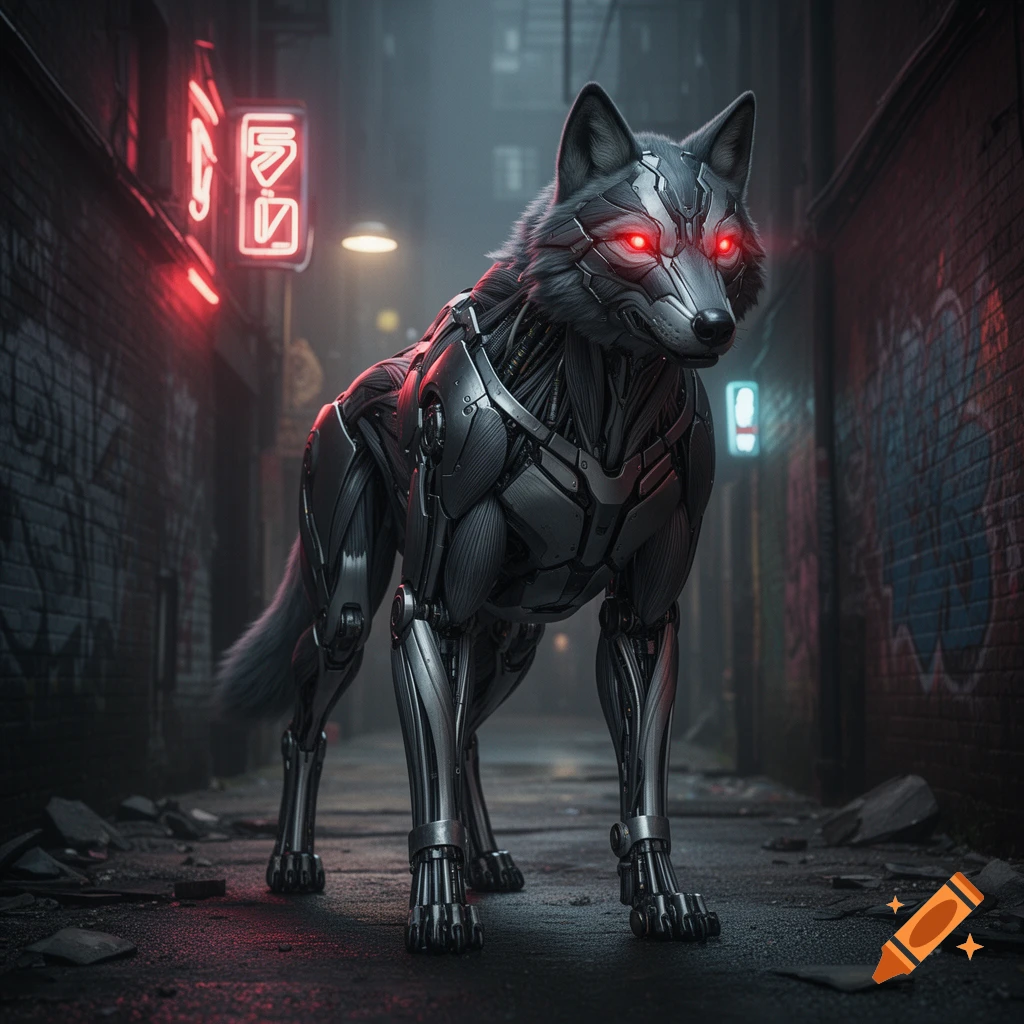 A futuristic cybernetic wolf with glowing red eyes stands in a dark, neon-lit alley.