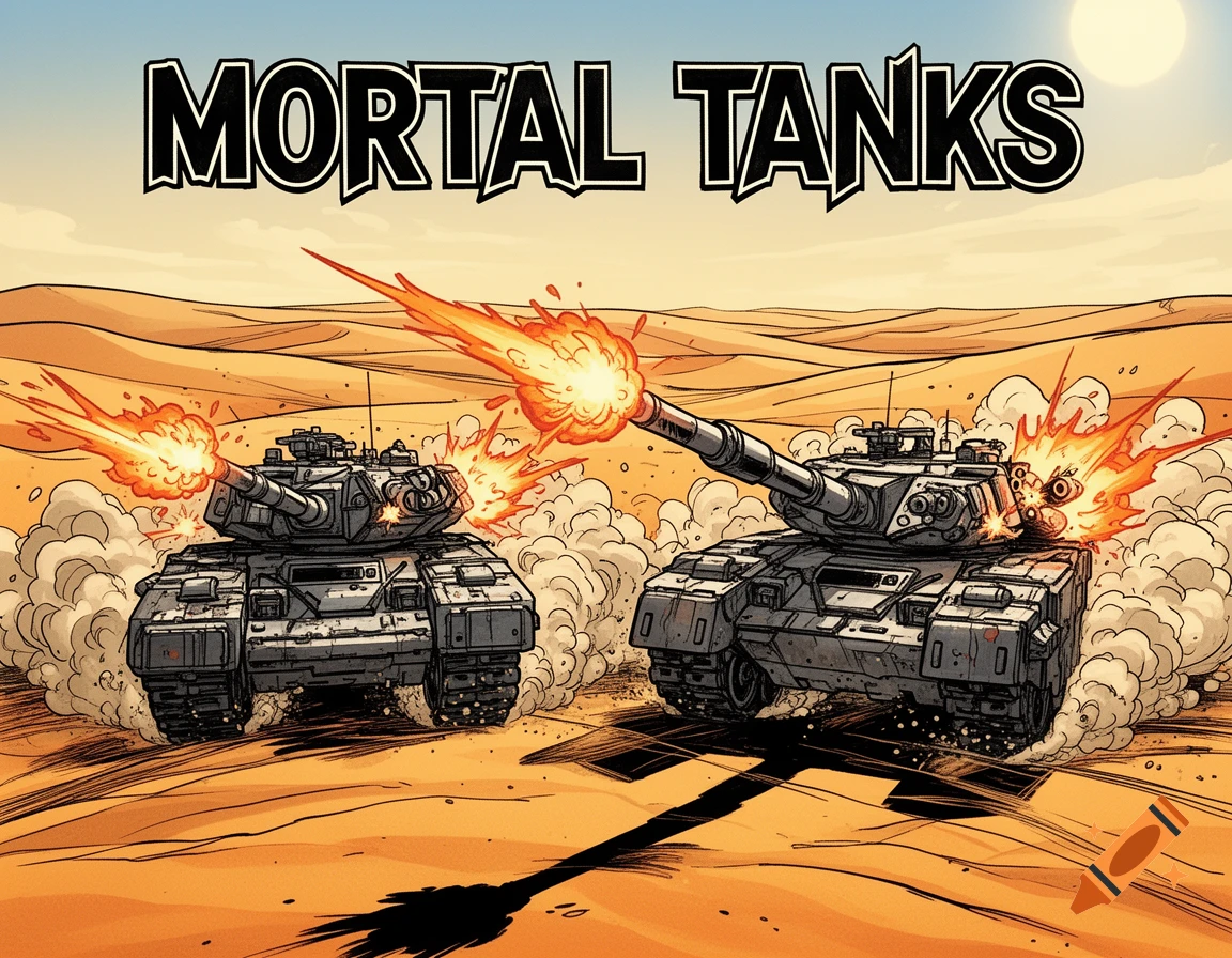 Comic art of two tanks firing cannons in a desert landscape, with the title "MORTAL TANKS" at the top.
