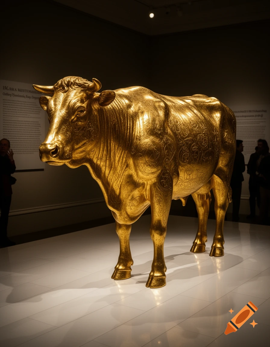 A photorealistic golden cow statue with intricate patterns stands in a museum gallery.