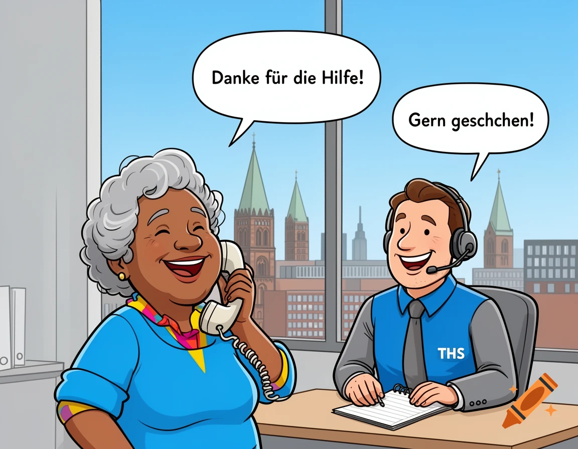 Cartoon of a smiling woman on the phone and a male customer service representative with a headset, in an office with a city skyline outside. Speech bubbles say "Thanks for the help!" and "You're welcome!"