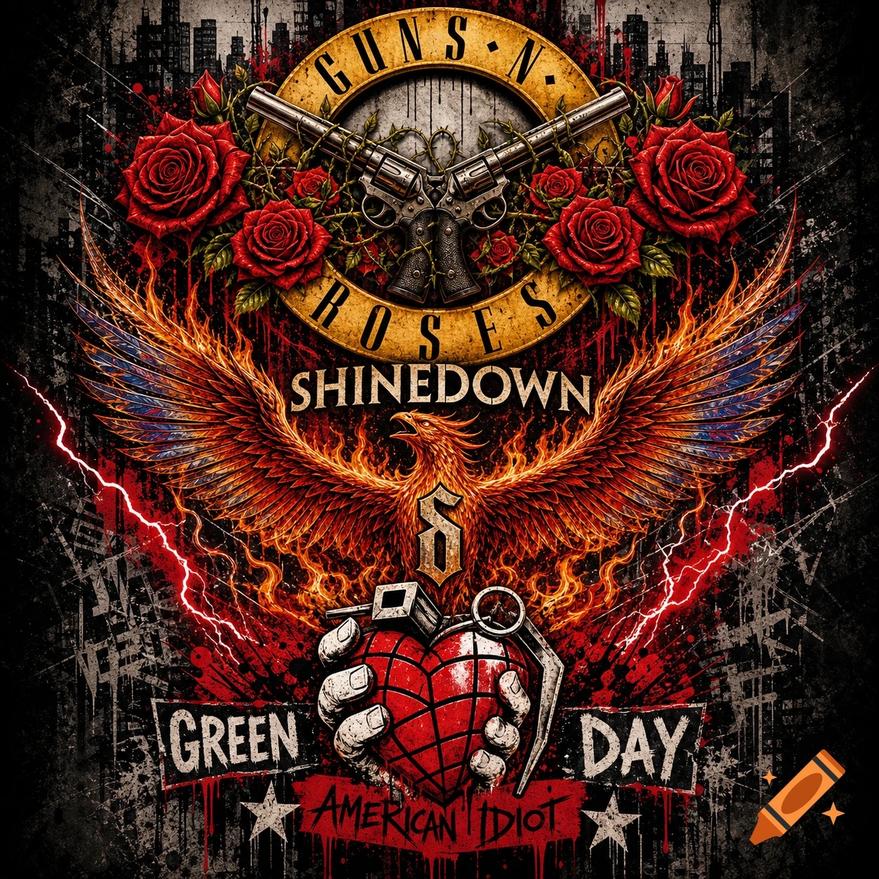 Grunge rock music logo with Guns N' Roses, Shinedown, Green Day text, revolvers, roses, a phoenix, and a heart grenade.