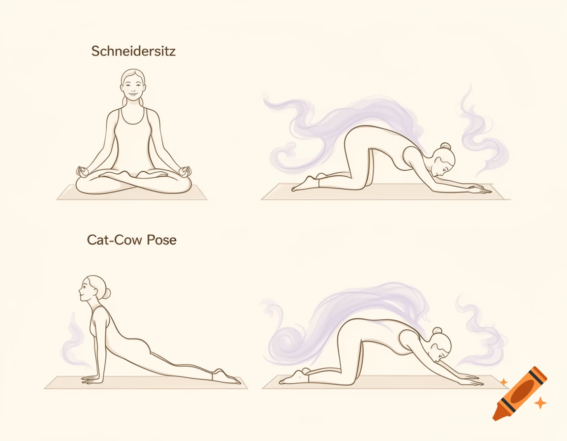 Line art illustrations showing four yoga poses: Schneidersitz, Cat-Cow Pose (two variations), and an upward-facing dog pose on yoga mats.