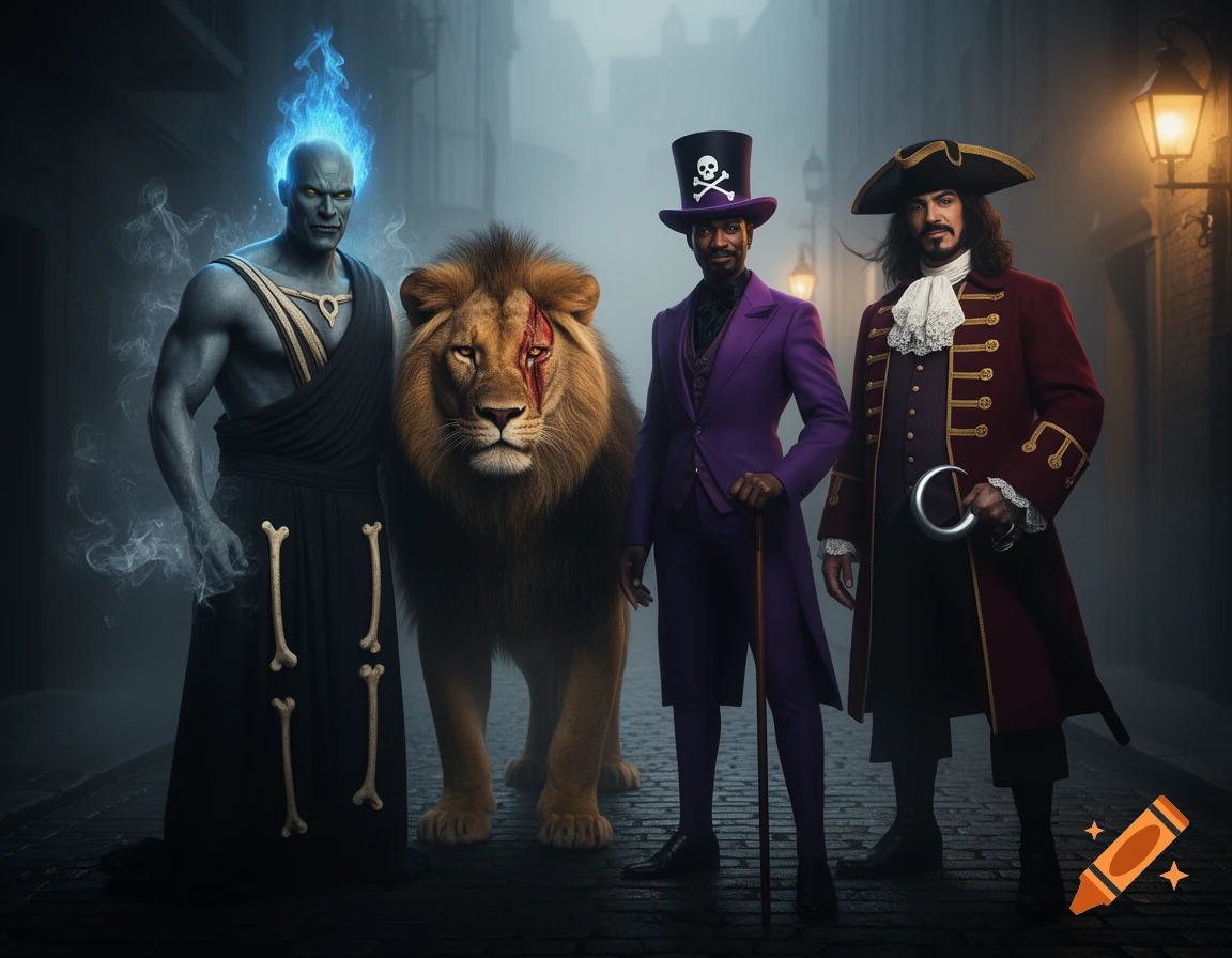 Photorealistic image of Hades, a scar-faced lion, a man in a purple suit, and Captain Hook standing on a foggy street.