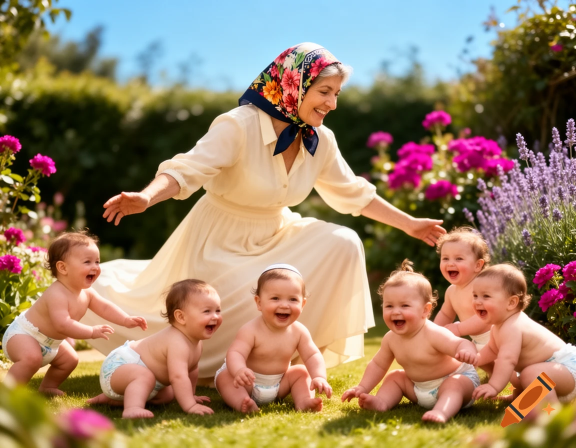 A smiling older woman in a floral headscarf and light dress is surrounded by six laughing babies in a sunny garden with pink and purple flowers.
