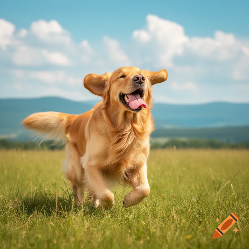 A happy golden retriever dog runs through a green field under a blue sky, tongue out and ears flying.