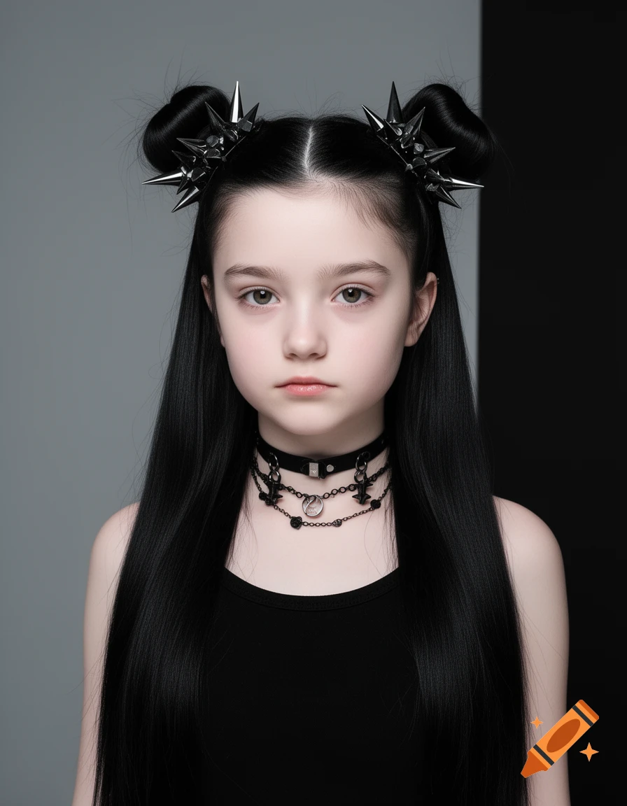 A young girl with long black hair, black space buns with spiked accessories, and a black choker, in a stylized portrait.