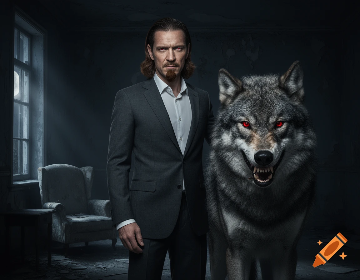 A man in a suit with red eyes and a menacing wolf with glowing red eyes stand in a dark, abandoned room.