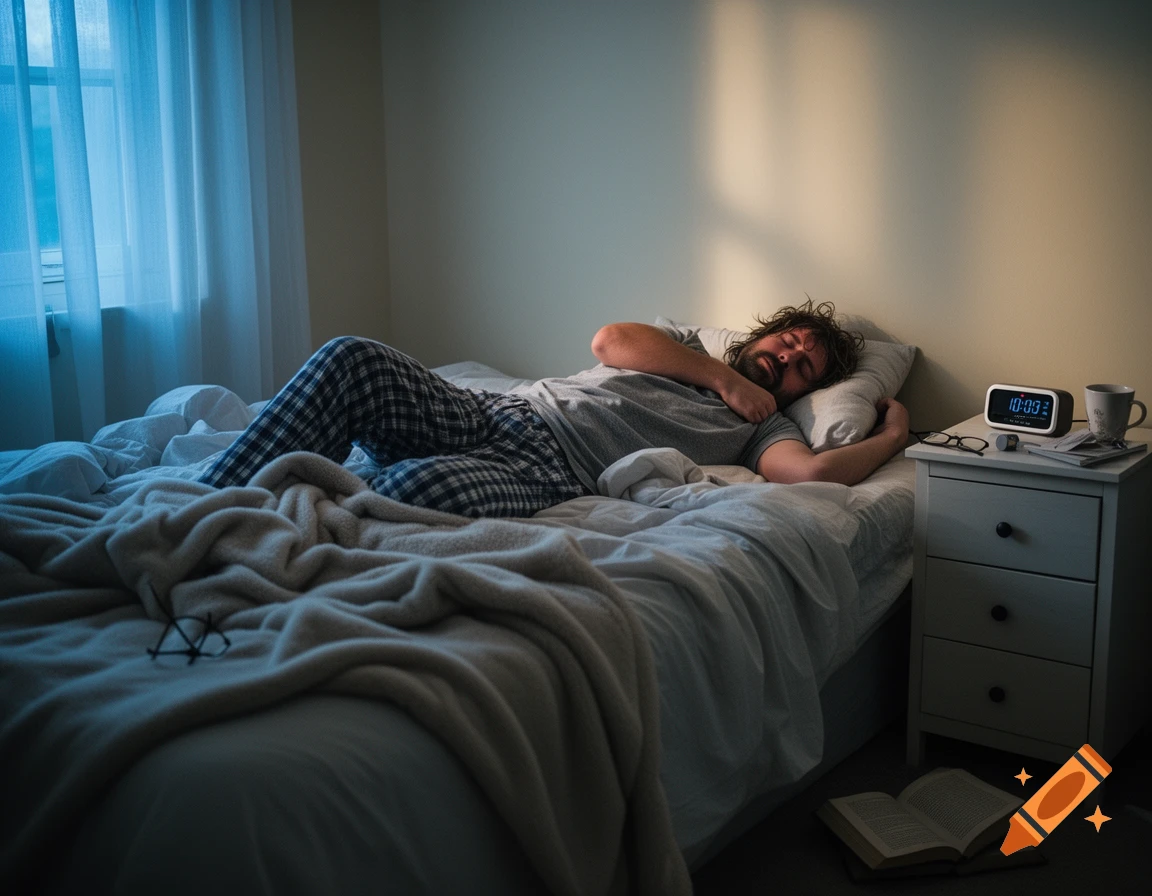A bearded man sleeps deeply on his side in a dimly lit bedroom with an alarm clock showing 10:00 on the nightstand.