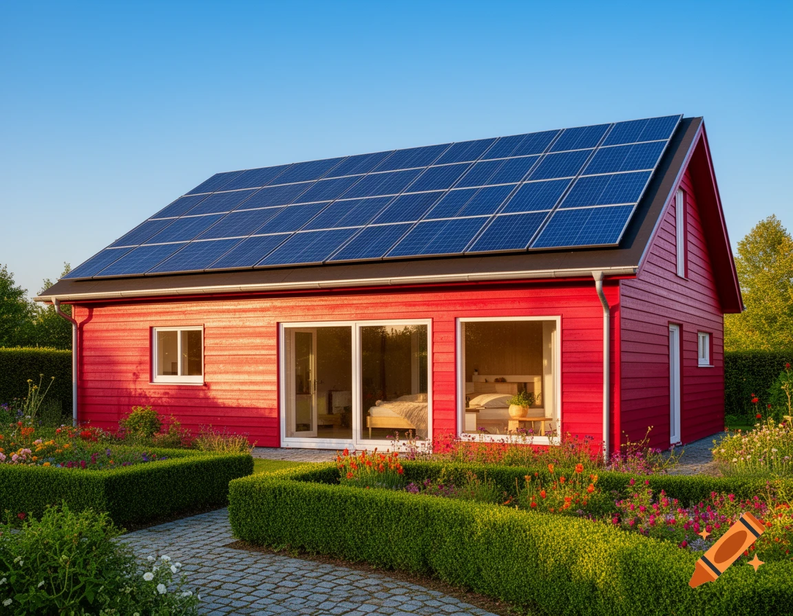 A vibrant red house with a roof covered in solar panels, surrounded by a lush garden with a paved path on a sunny day.