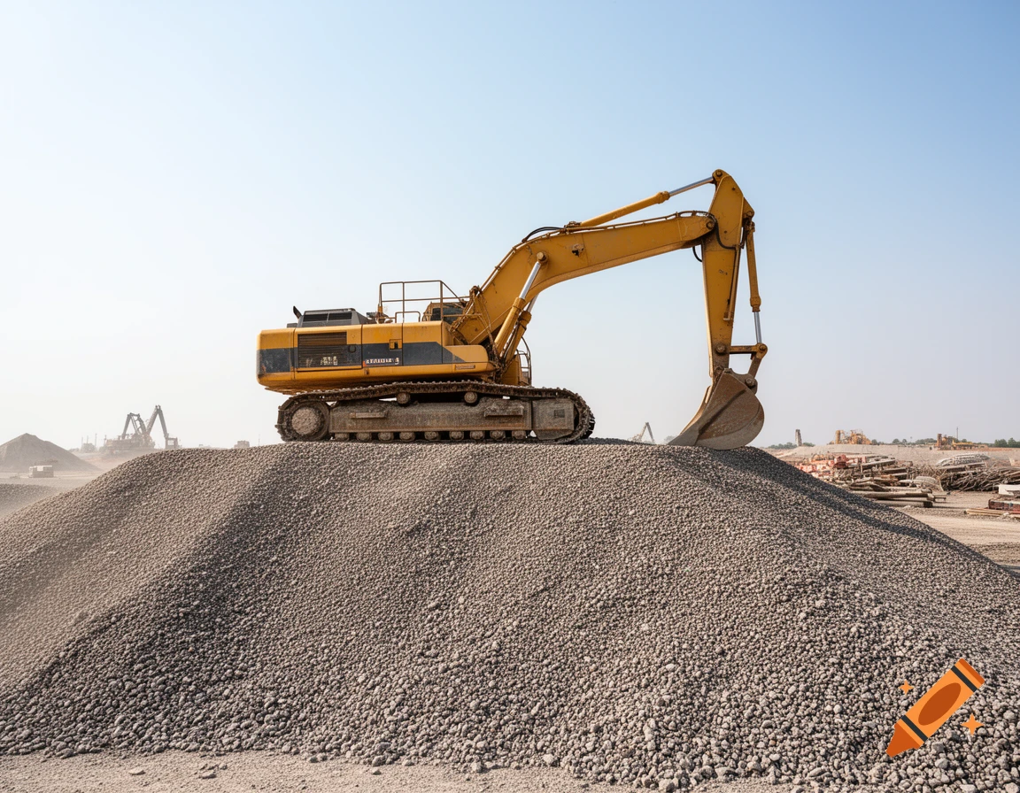 A large yellow excavator sits atop a massive pile of grey gravel under a clear blue sky at a construction site.