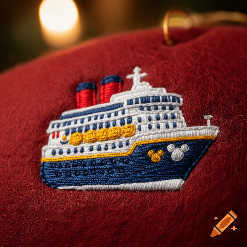 Close-up of an embroidered Disney cruise ship ornament with Mickey Mouse heads on a red felt background.