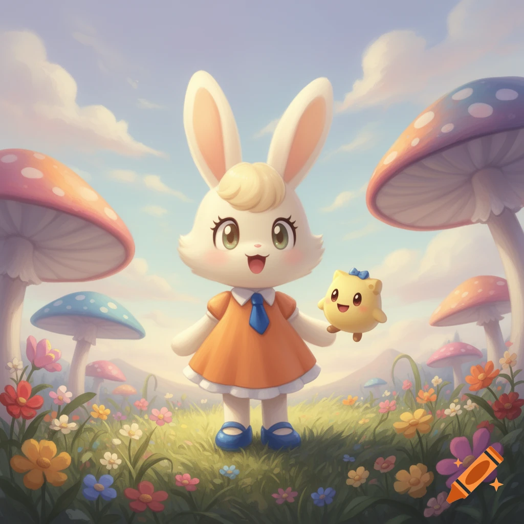 A cute cartoon white rabbit in an orange dress and blue tie stands in a field of colorful flowers with large whimsical mushrooms under a cloudy sky, holding a small yellow creature.