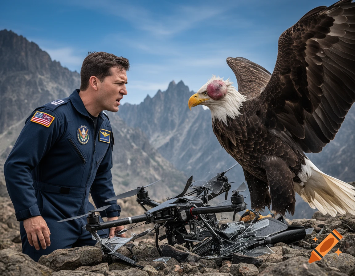 A man in a flight suit confronts a bald eagle with a large lump on its head next to a broken drone on a rocky mountain.