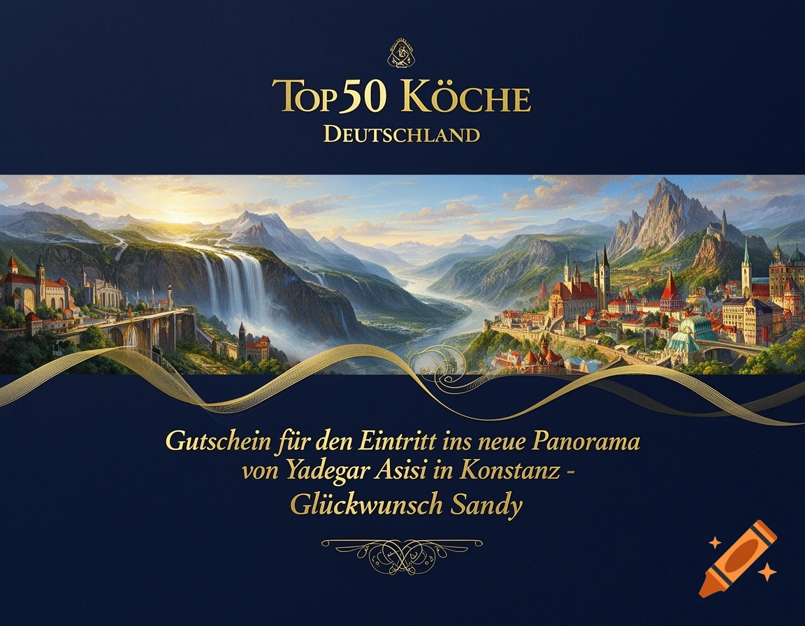 A stylized panoramic painting of a valley with a large waterfall cascading into a river, flanked by old-world cities on hillsides and towering mountains under a sunset. Gold ribbon designs frame German text, including "Top50 KÖCHE DEUTSCHLAND" and a gift certificate message.