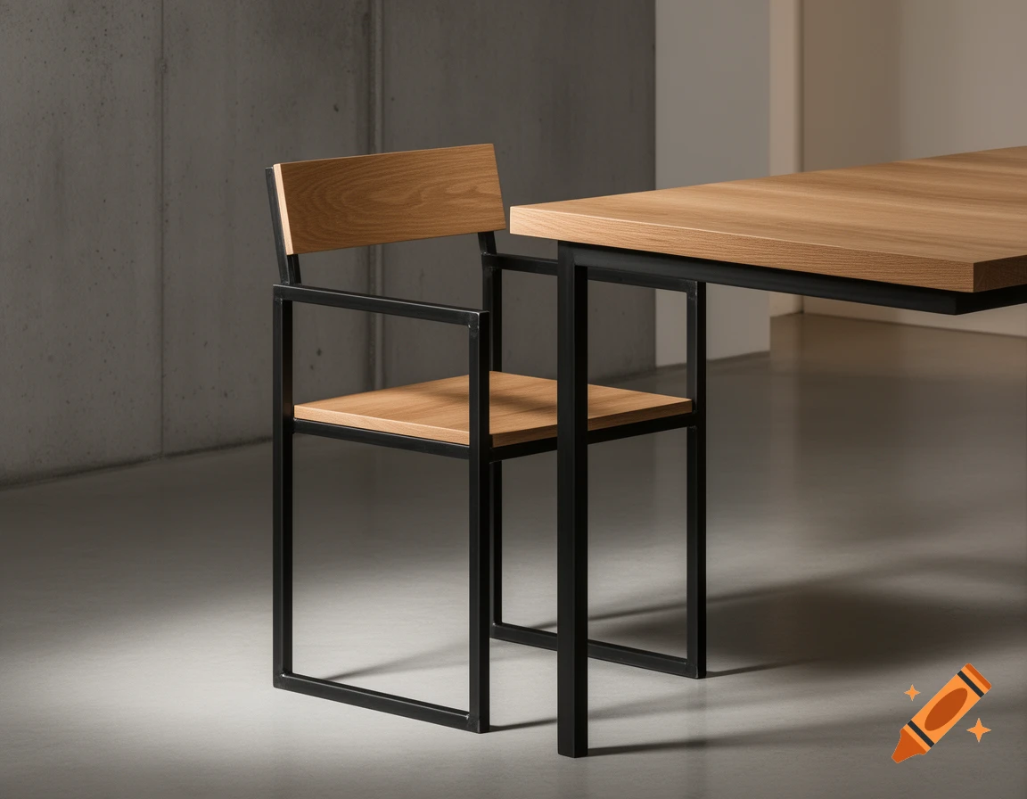 A modern wooden chair with a black metal frame next to a matching wooden table in a minimalist setting.