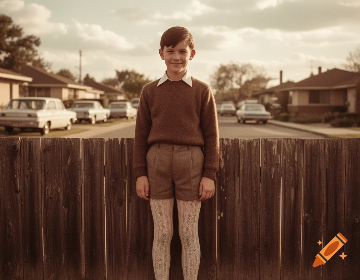 A smiling boy in 1960s shorts and knitted tights stands before a wooden fence on a suburban street, vintage photograph.