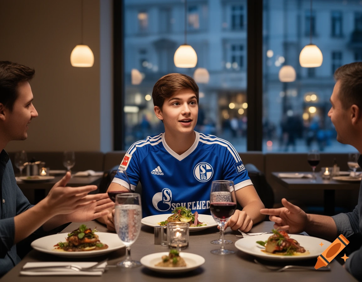 Three men dining in a restaurant, with one man in a blue football jersey speaking at the table.