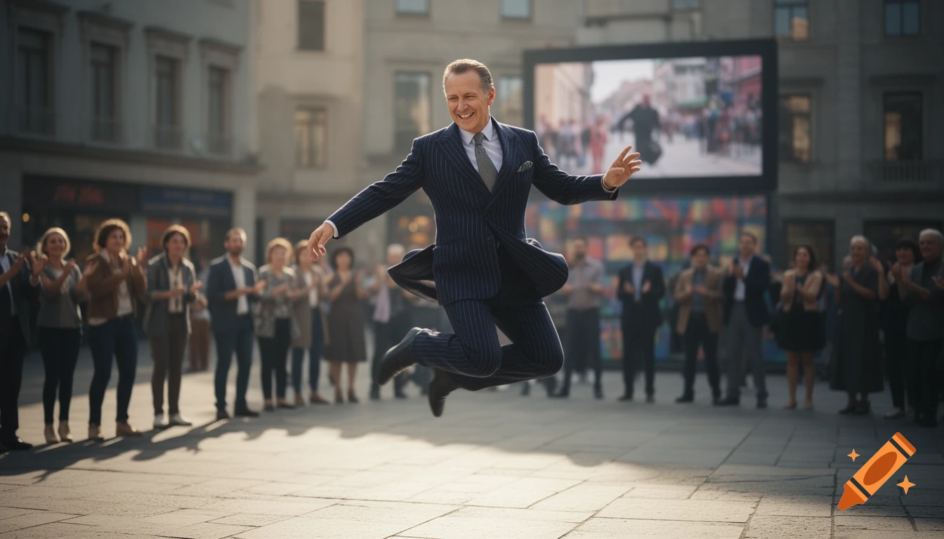 An older man in a pinstripe suit jumps with joy in a city square, surrounded by an applauding crowd.