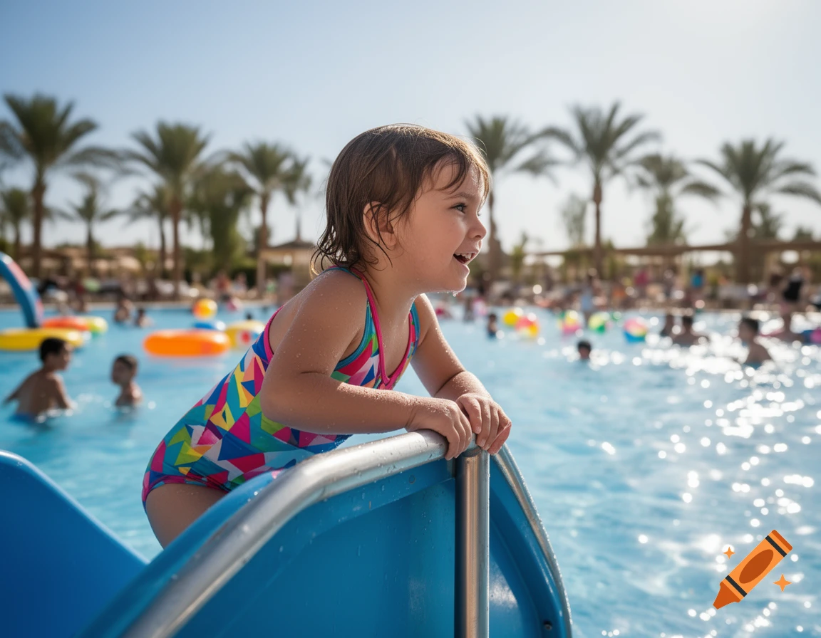 A happy little girl in a colorful swimsuit leans on a blue waterslide at a sunny swimming pool with people and palm trees in the background.