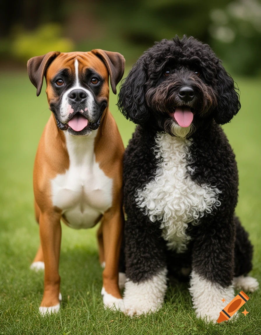 A friendly brown and white Boxer and a black curly-haired Cockapoo sit side-by-side on green grass in a photorealistic portrait.
