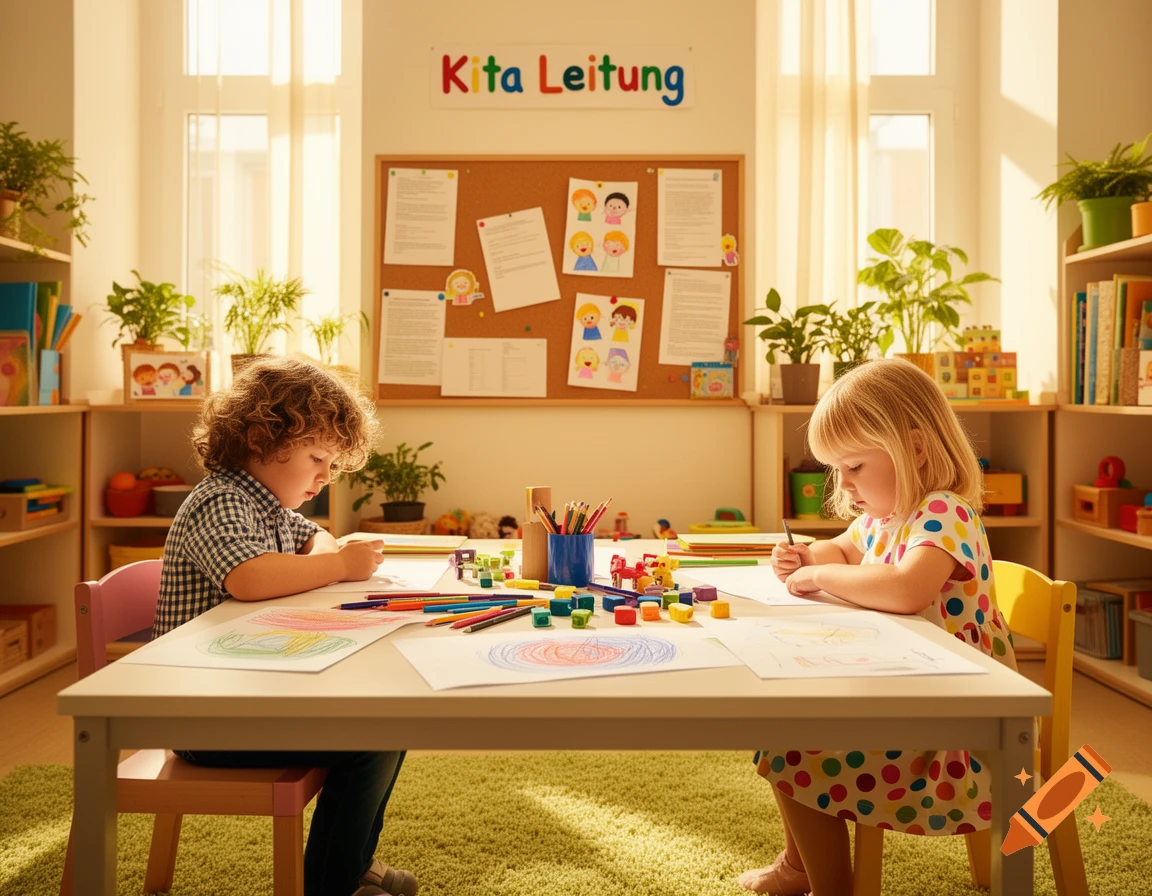 Two young children drawing with crayons at a table in a bright kindergarten room with a 'Kita Leitung' sign.