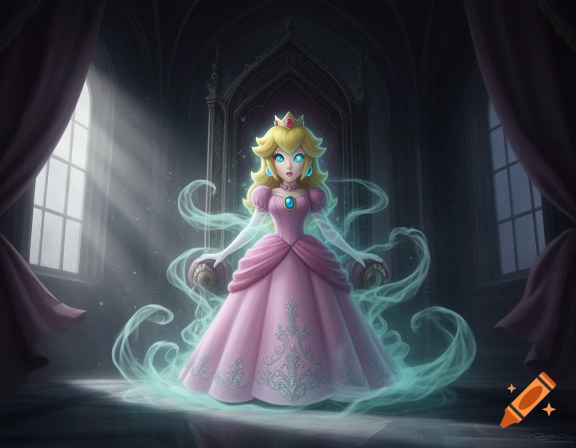 Princess Peach with glowing blue eyes and ethereal wisps of light around her, standing in a dark, ornate room.