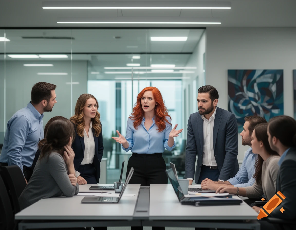 A red-haired woman confronts colleagues around a meeting table in a modern office, appearing distressed.