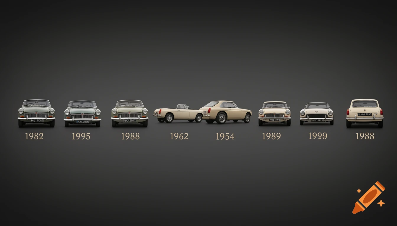 Eight vintage MGB cars in various views and colors, arranged on a dark background with their respective years beneath them in a brochure style.