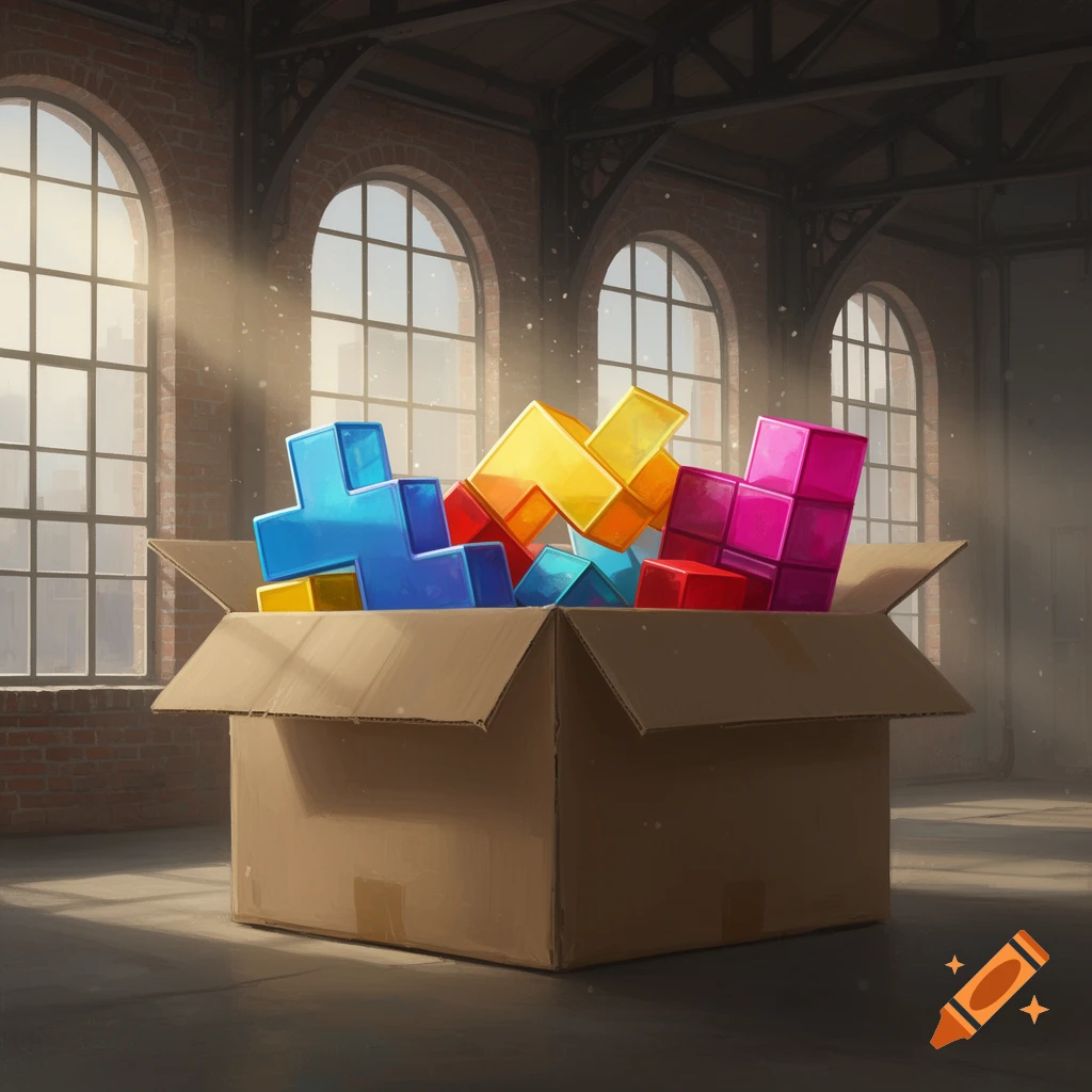 A cardboard box filled with colorful, translucent 3D Tetris pieces under sunlit windows in an industrial room.