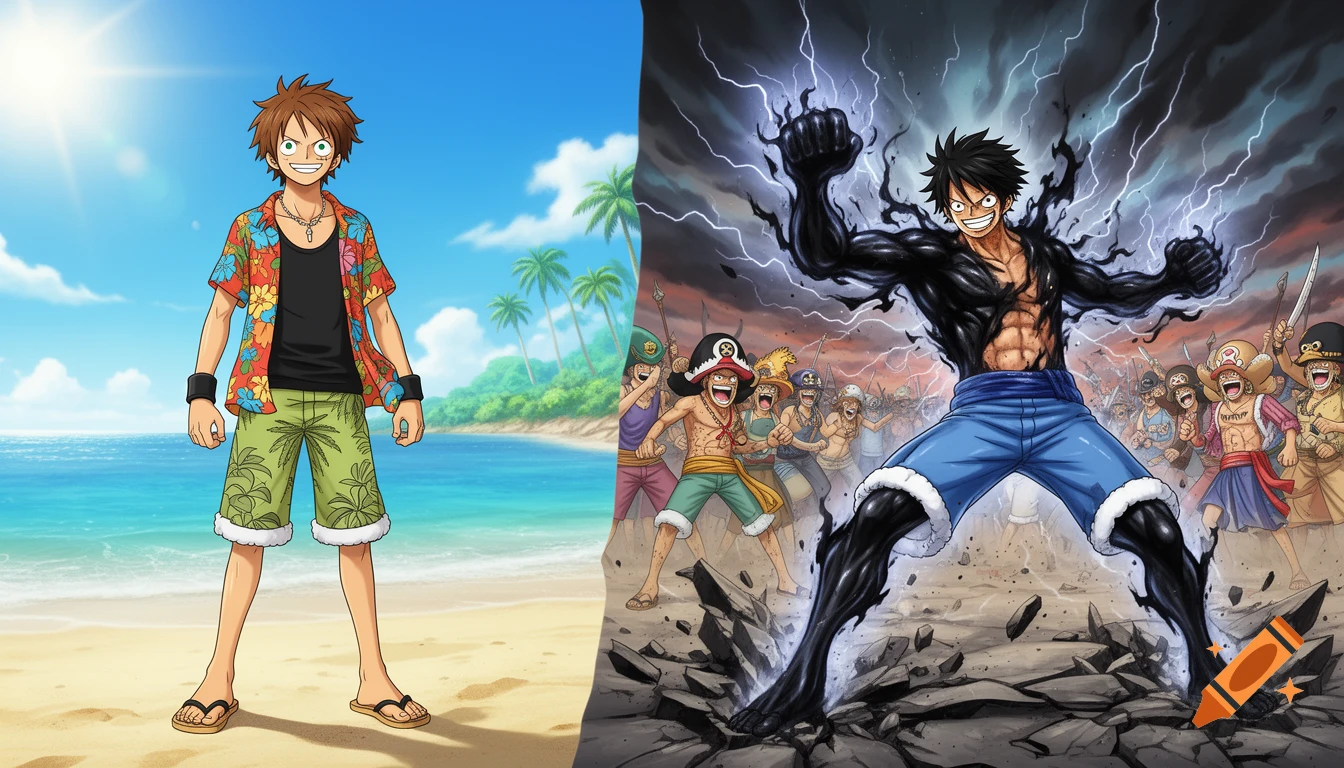 A two-panel anime image of a male character, on a sunny beach on the left, and in a powerful Haki battle stance on the right.