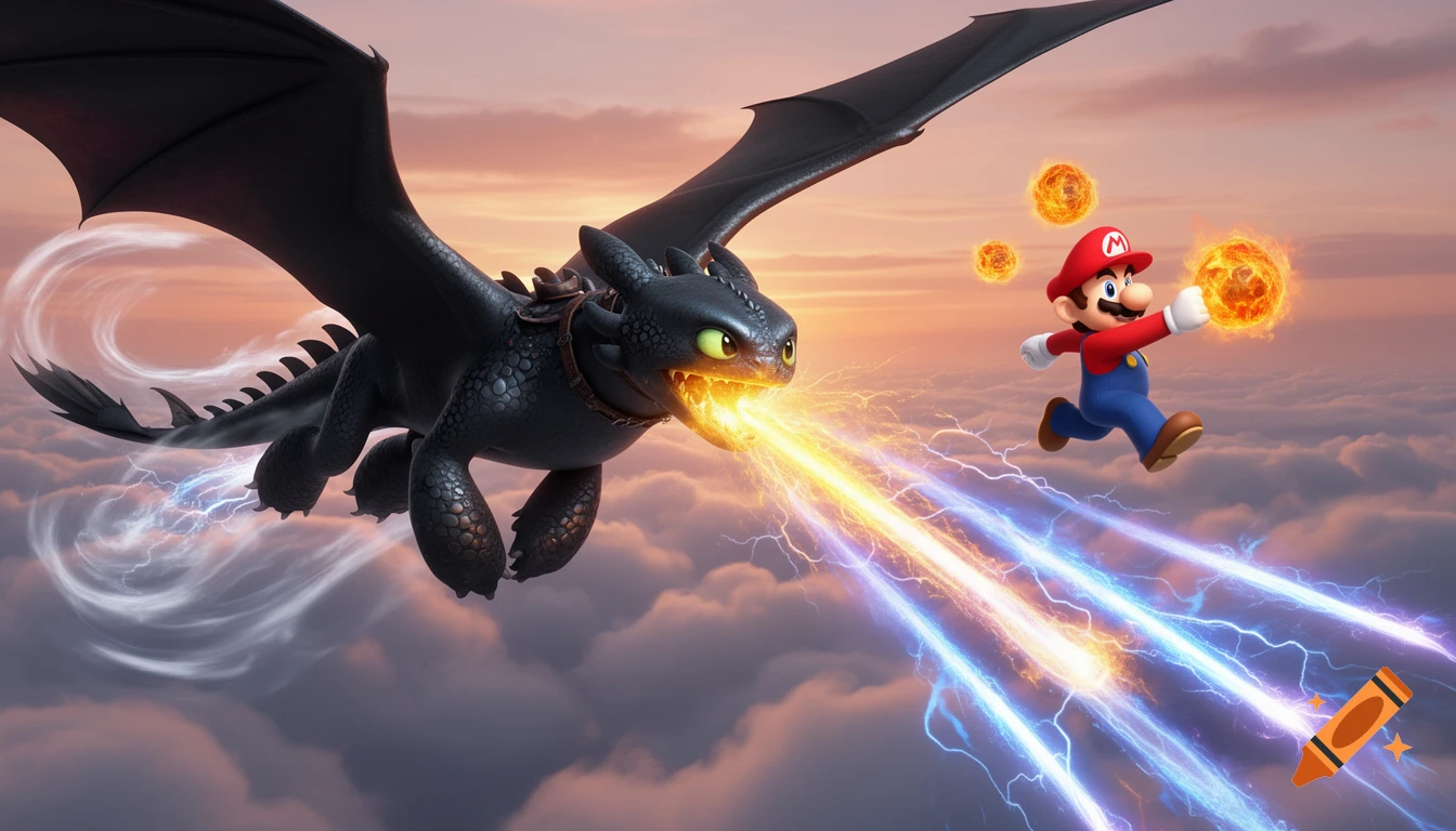 Toothless the black dragon flies through a cloudy sunset sky, shooting a beam of plasma and lightning. Mario, in his classic outfit, runs through the air beside him, conjuring fiery orbs.