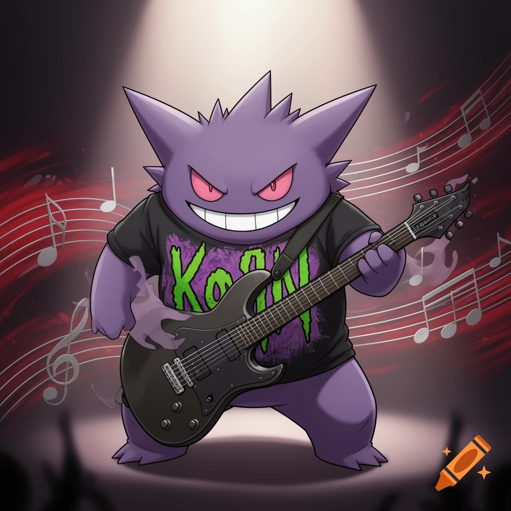 Purple Gengar in a black Korn t-shirt plays a black electric guitar on stage with musical notes.
