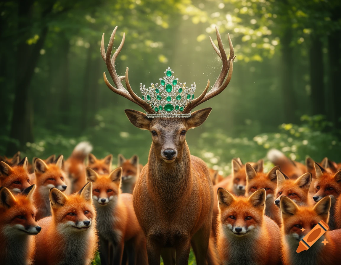 A majestic deer wearing an emerald crown stands in a lush green forest, surrounded by a crowd of red foxes.