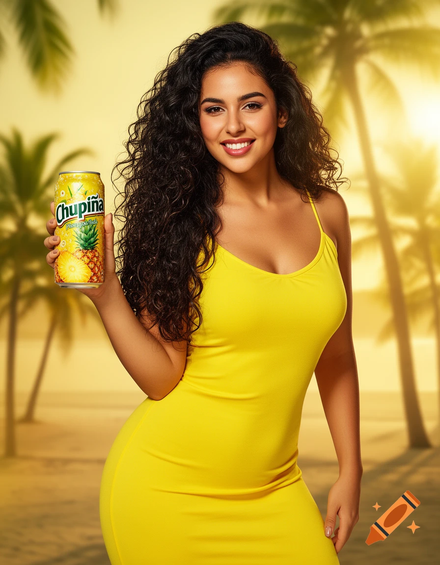 Smiling woman in a yellow dress holds a Chupiña pineapple soda can on a sunny beach with palm trees, photorealistic style.