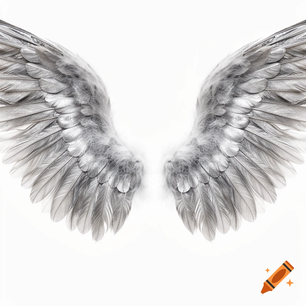 A pair of detailed silver angel wings against a pure white background.