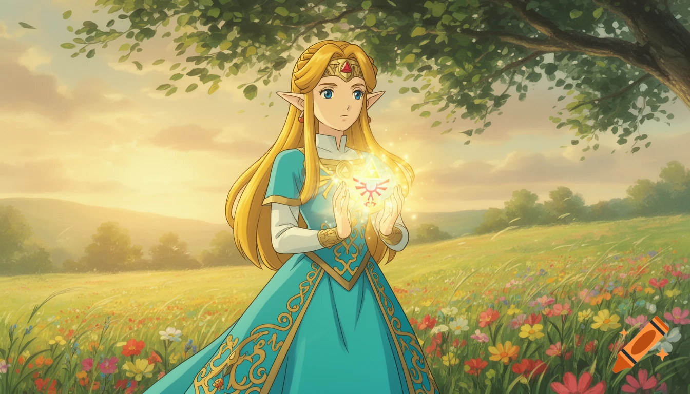 Princess Zelda in Studio Ghibli style, standing in a sunny flower meadow, holding the glowing Triforce symbol.
