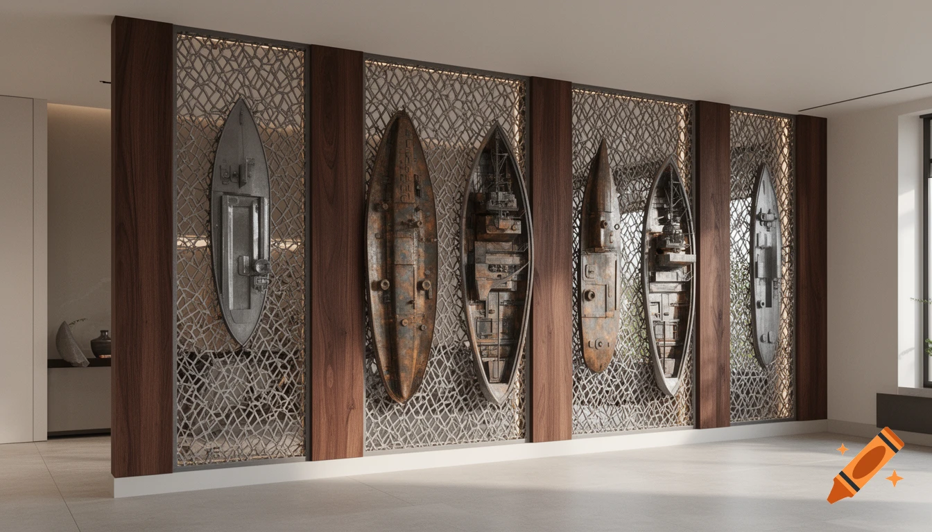 A modern interior features a long partition wall made of dark wood and expanded metal mesh, adorned with six metallic boat sculptures.