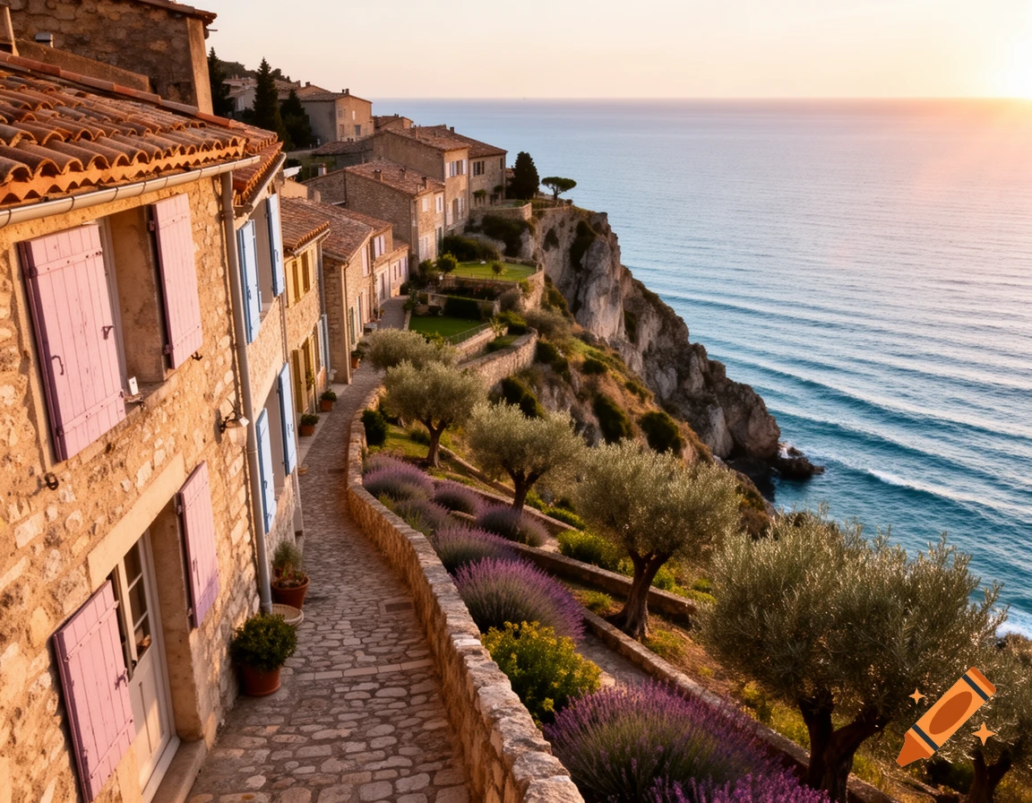 Picturesque stone village with colorful shutters on a cliff overlooking the ocean at sunset, with olive trees and lavender.