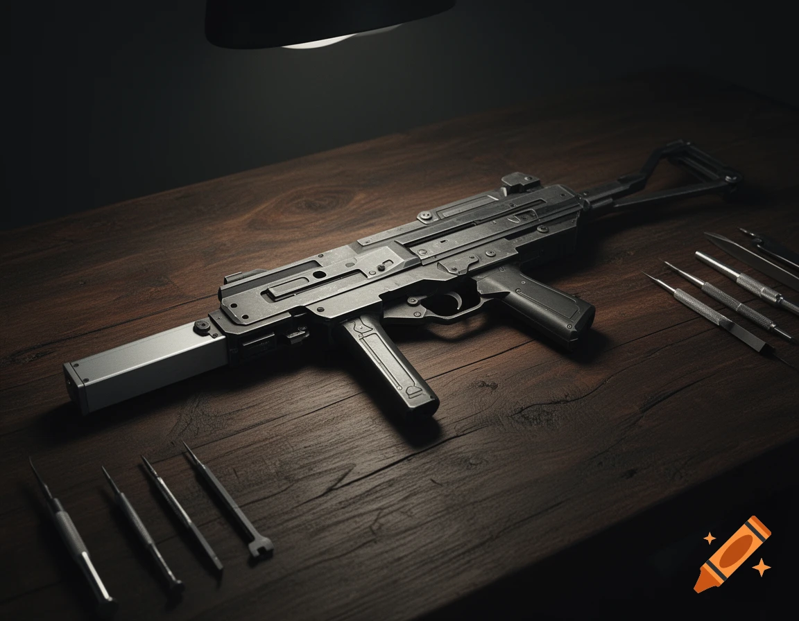 A dark, metallic sci-fi submachine gun with a side-mounted rectangular component rests on a dark wooden table, surrounded by small tools, under a lamp.