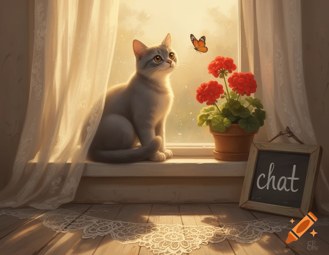 A gray cat sits on a sunlit windowsill, looking up at an orange butterfly near red flowers and sheer curtains, in a painterly style.