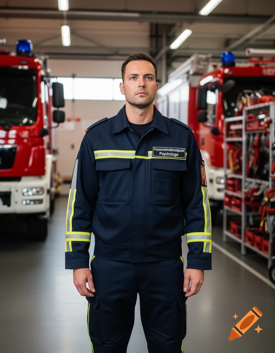 A man in a dark blue uniform with yellow reflective stripes stands in a fire station, with red fire trucks behind him.