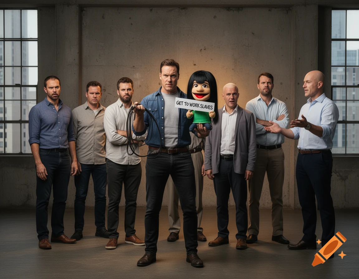 A man holds a whip and a puppet with a 'GET TO WORK SLAVES' sign, surrounded by serious men in a modern office.