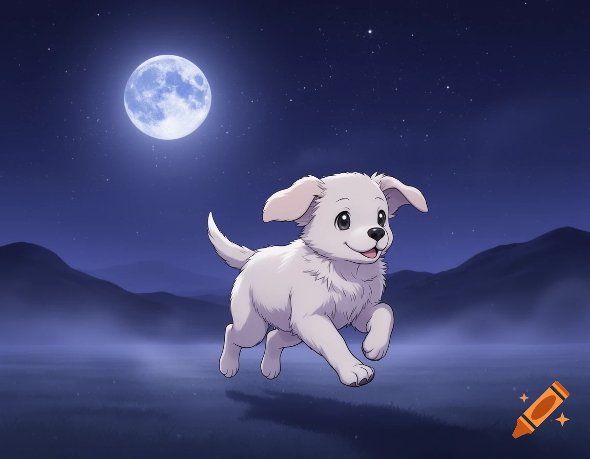 A cute cartoon puppy with white fur running under a full moon in a starry night sky with mountains.